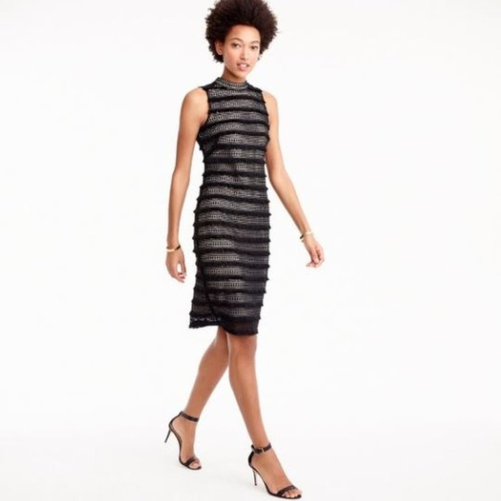JCrew Black Striped Fringe and Lace Sheath Dress EUC Size 4